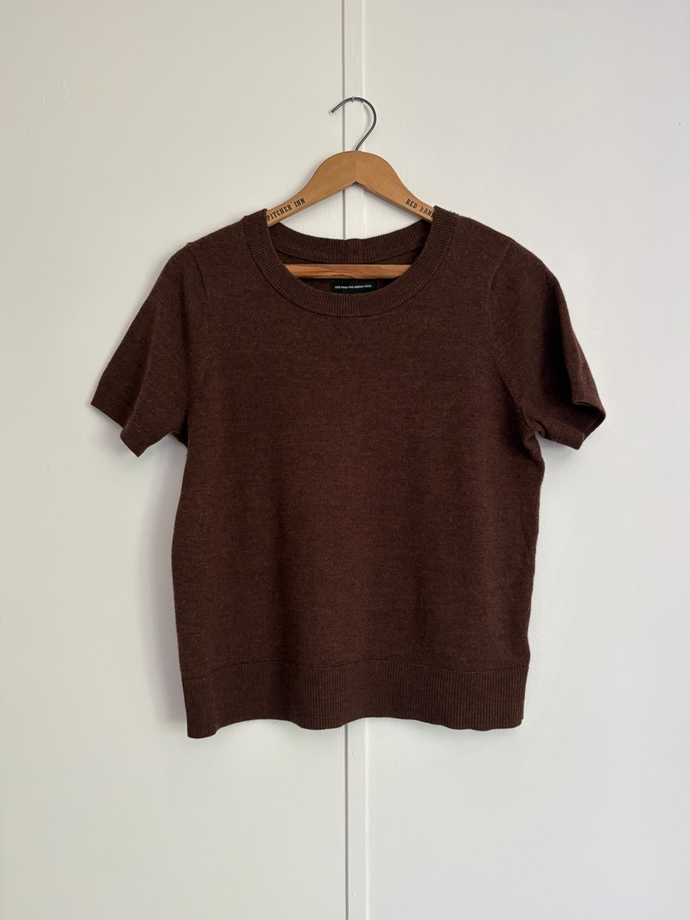 Merino Wool Brown Short-Sleeve Knit Top Medium